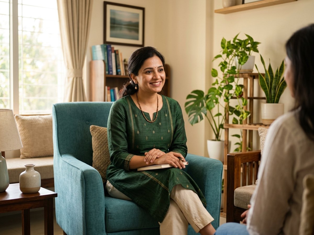 Compassionate Indian counseling psychologist listening attentively with warmth and empathy