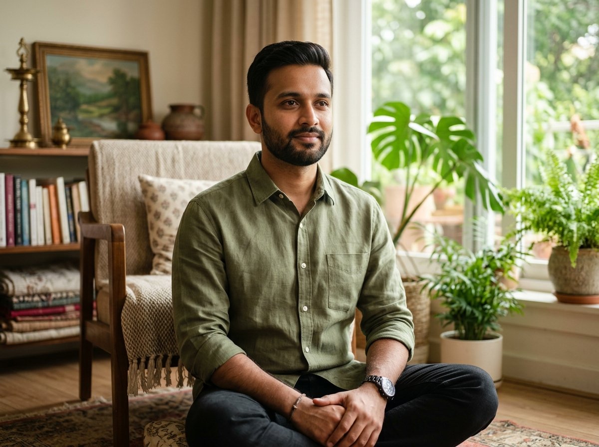 Thoughtful Indian man practicing mindful emotional balance and grounded calmness