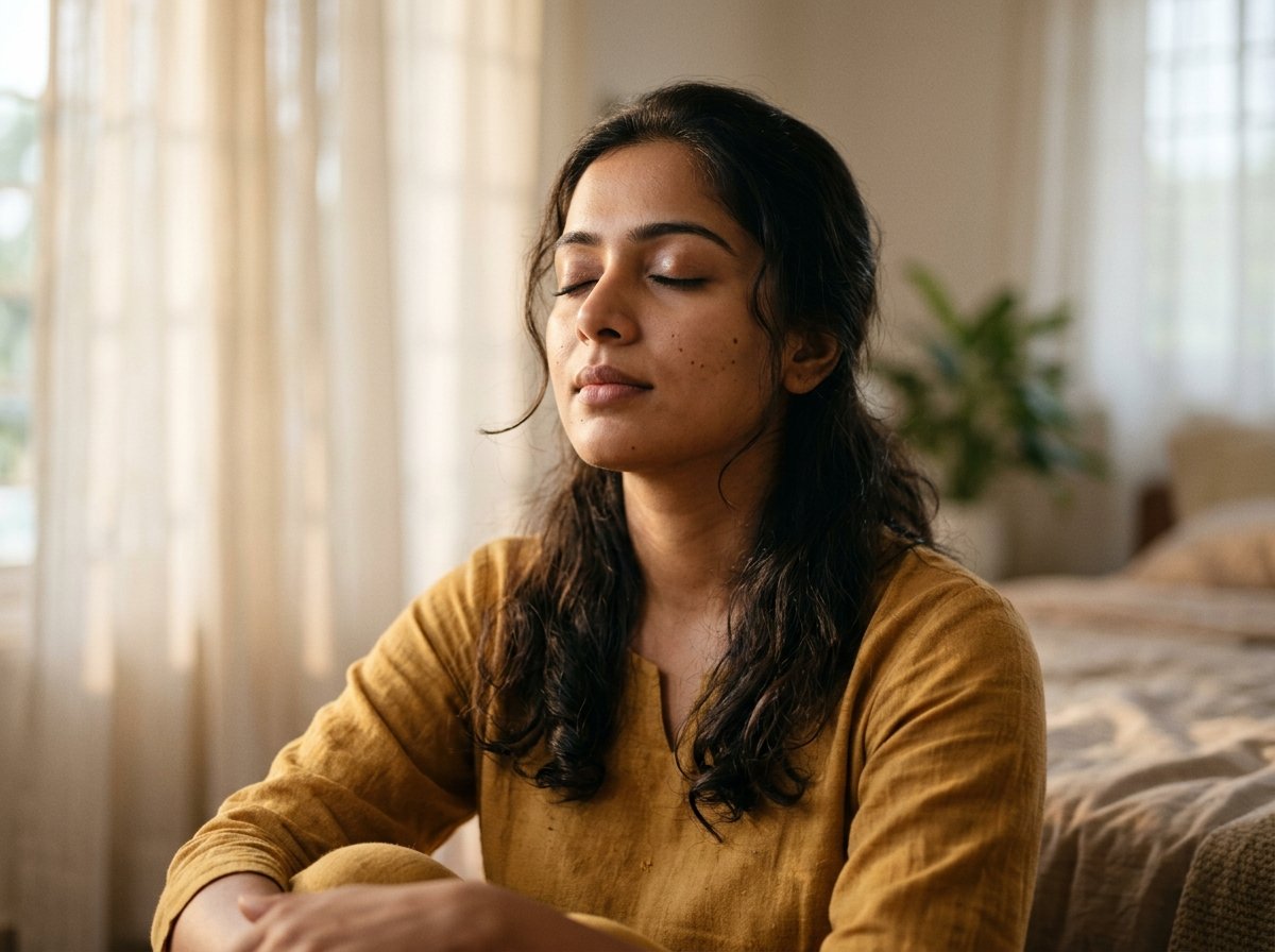 Young Indian woman practicing peaceful deep breathing and mindfulness in therapy