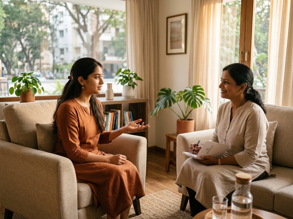 Young Indian professional in an empathetic, supportive therapy discussion with psychologist