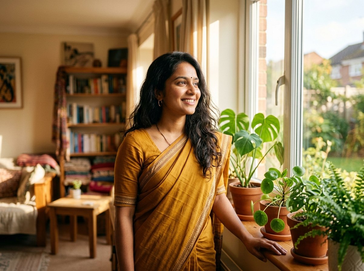 Indian woman with a hopeful smile looking towards morning sunlight during depression recovery
