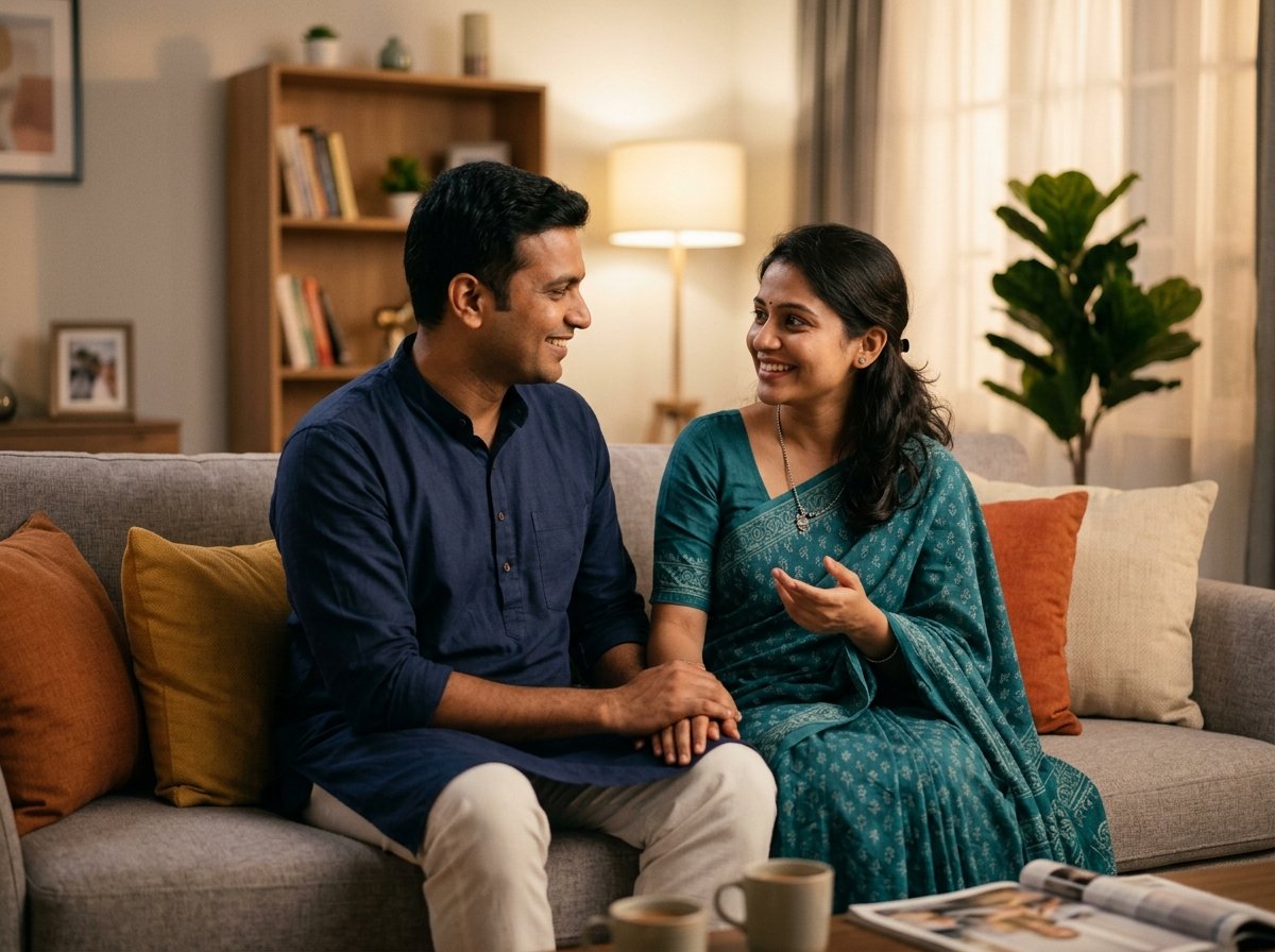 Indian couple sitting on sofa holding hands and communicating warmly and constructively